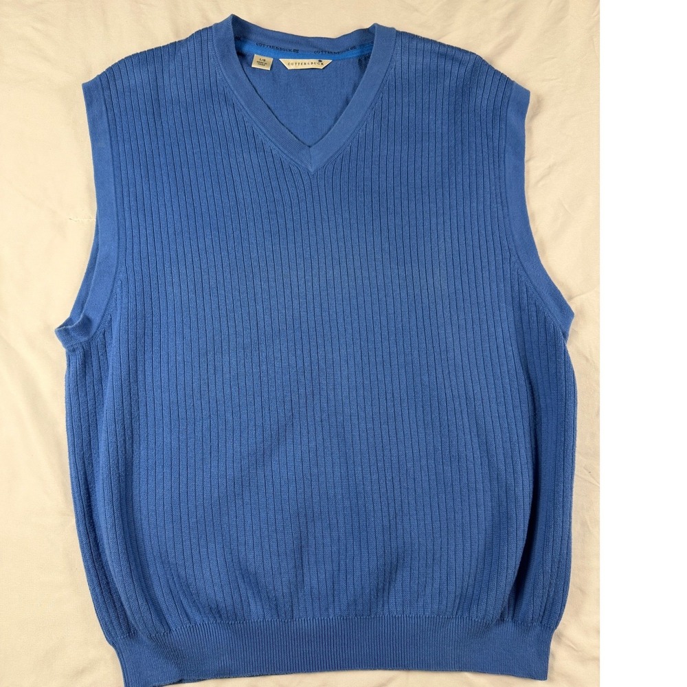 Cutter & Buck‎ Mens Blue Ribbed V-Neck Cotton Sweater Vest Large L/G